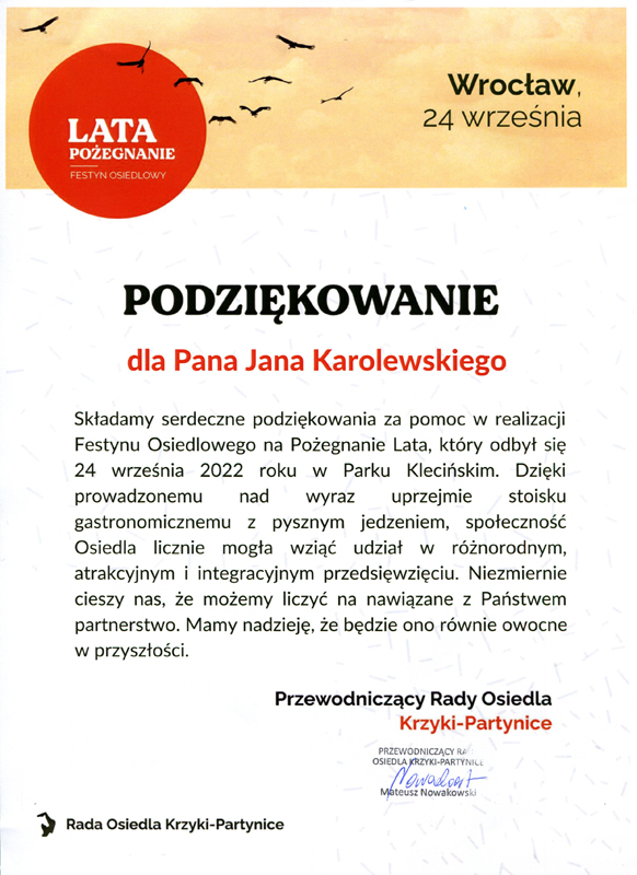 Podziękowanie dla naszej firmy od Rady Osiedla Krzyki-Partynice