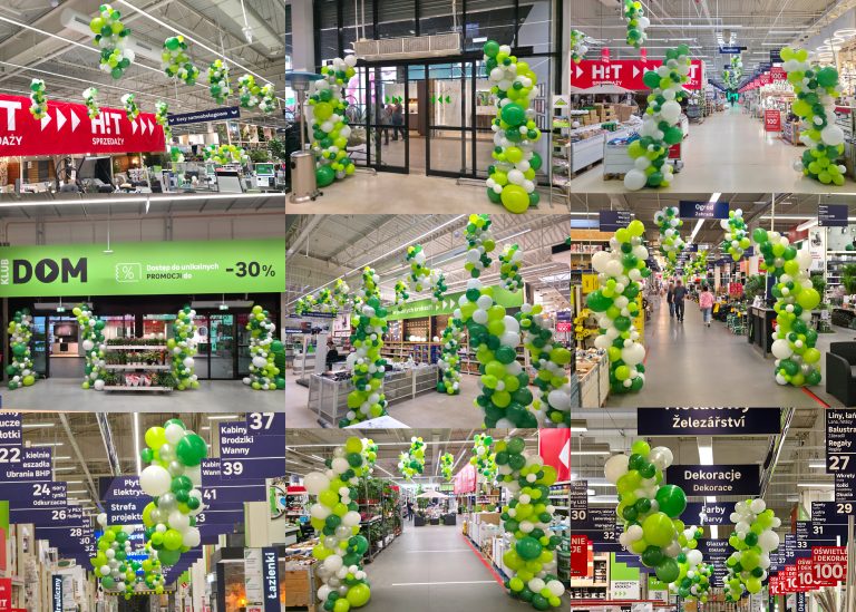 Dekoracje z balonów w hipermarketach Leroy Merlin.