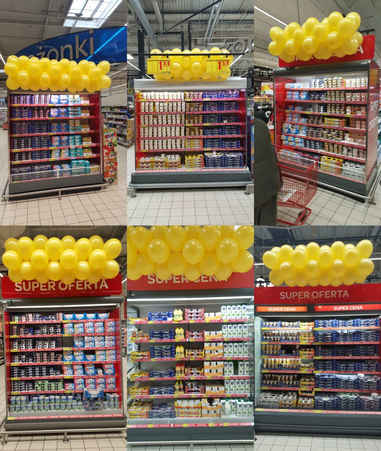 Girlandy z balonów przyciągające uwagę klientów do produktów firmy Danon w hipermarketach Carrefour