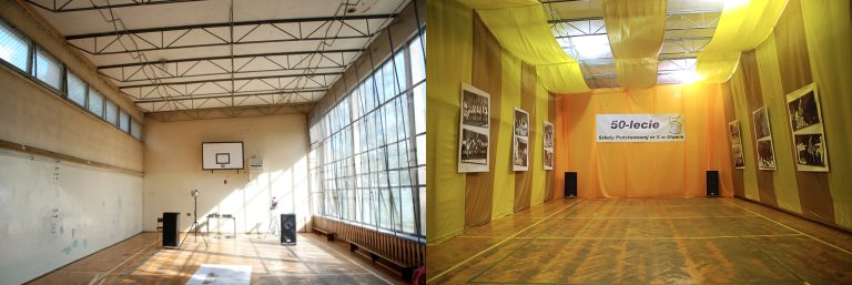Dekoracja na 50 lecie szkoły - widok przed i po dekoracji.