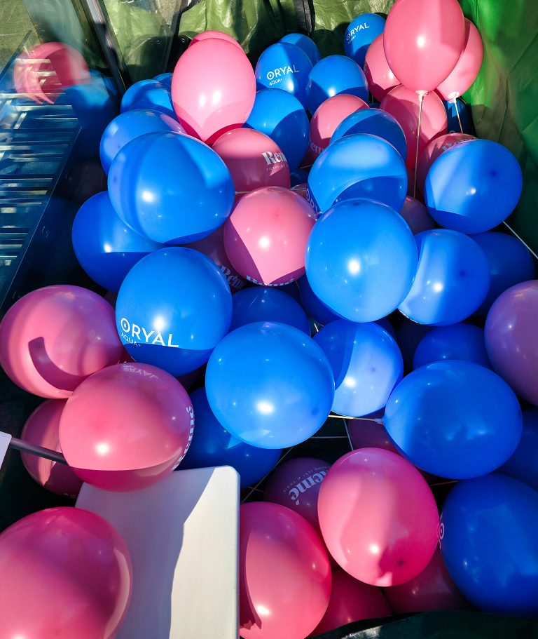 Różowe i niebieskie balony z nadrukiem na piknik we Wrocławiu