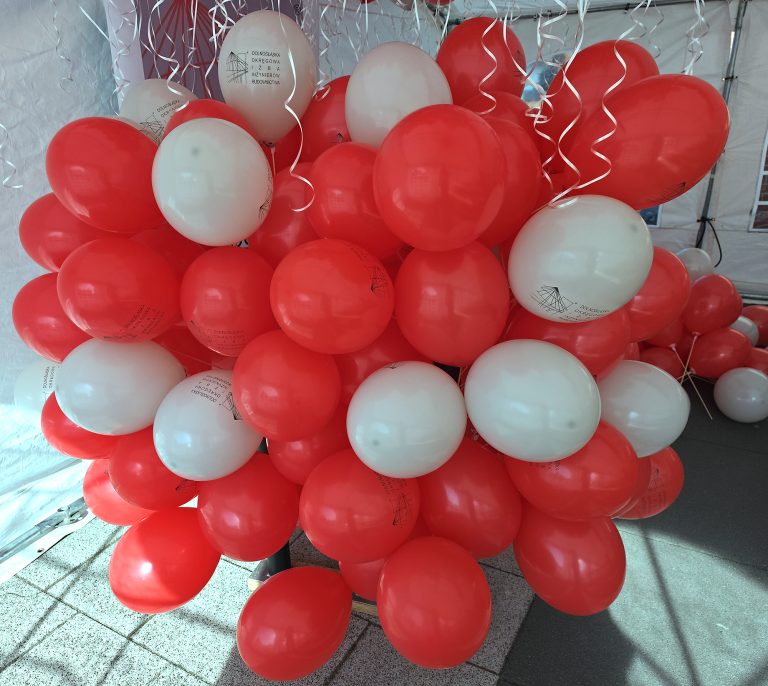 Balony z logo napełnione powietrzem i założone na patyczki